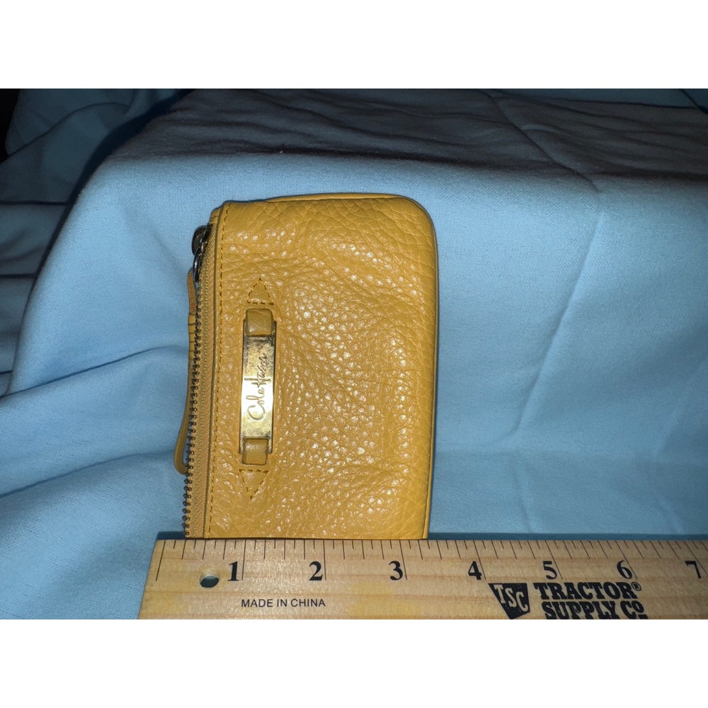 Cole Haan Yellow Pebbled Leather Small Zip Coin Pouch Card Case Gold Hardware - Picture 2 of 5